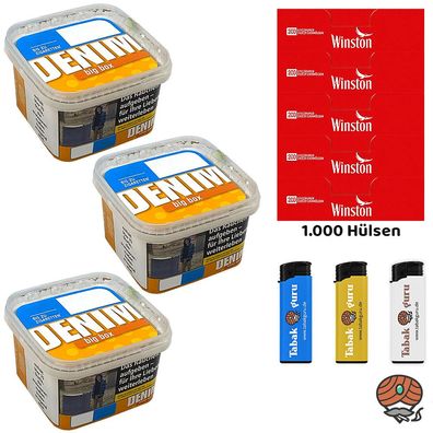 Denim Volumentabak Big Box 3x 160g, Winston Hülsen, Feuerzeuge
