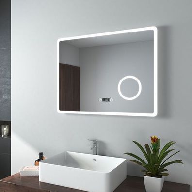 EMKE LED Badspiegel Wandspiegel 80x60cm KaltWeißes Touch-Schalter Beschlagfrei Uhr