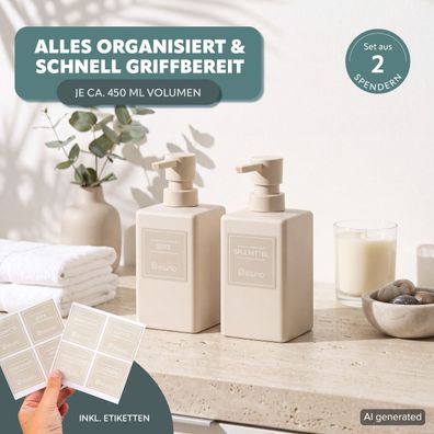 eluno Seifenspender 2er Set mit Soft-Touch Oberfläche in Beige, 450 ml Volumen