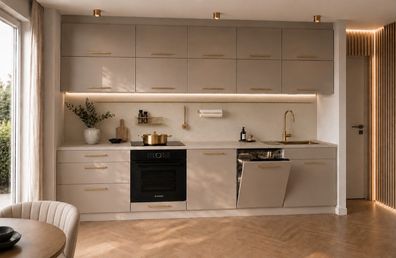 Küchenzeile Emma 330 cm DW Kaschmir Matt- Küche, Küchenblock 3,3m, mit Arbeitsplatte