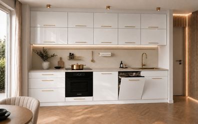 Küchenzeile Emma 330 cm DW Weiß Hochglanz- Küche, Küchenblock 3,3m, mit Arbeitsplatte
