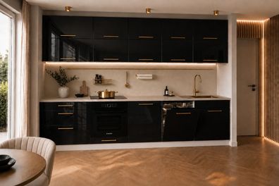 Küchenzeile Emma 330 cm DW Schwarz Hochglanz- Küche 3,3m, mit Arbeitsplatte