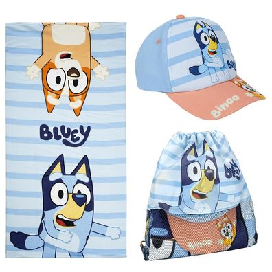 Bluey Kinder Strand-Set Strandtuch + Kappe + Turnbeutel Geschenkset
