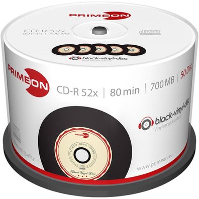 Primeon CD-R Rohlinge 700 MB 80 Min 52x Black Vinyl 50 Stück beschriftbar
