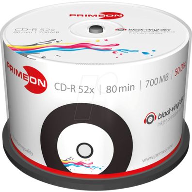 Primeon CD-R Rohlinge 700 MB 80 Min 52x Black Vinyl 50 Stück bedruckbar