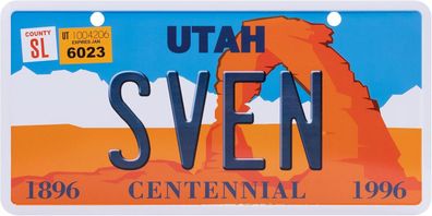 USA Kennzeichen mit Namen, Blechschild, SVEN , UTAH , (92)