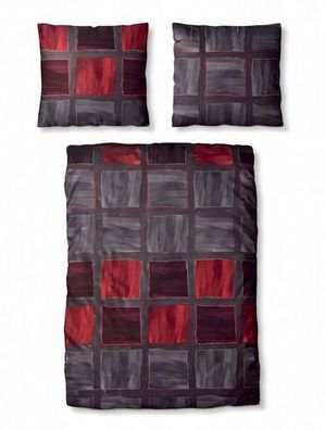 Hochwertige Biber Bettwäsche Baumwolle Karo Rot Grau 155x220 80x80cm