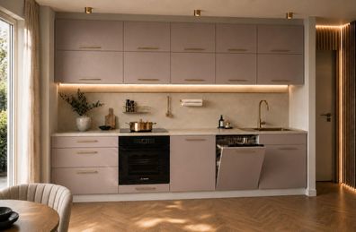 Küchenzeile Emma 330 cm DW Puderrosa Matt- Küche, Küchenblock 3,3m, mit Arbeitsplatte