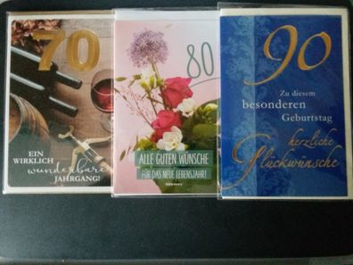Grußkarten mit Kuvert zum Geburtstag 70 / 80 / 90 im 3 er Set