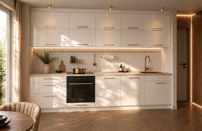Küchenzeile Emma 330 cm Weiß Hochglanz- Küche, Küchenblock 3,3m, mit Arbeitsplatte