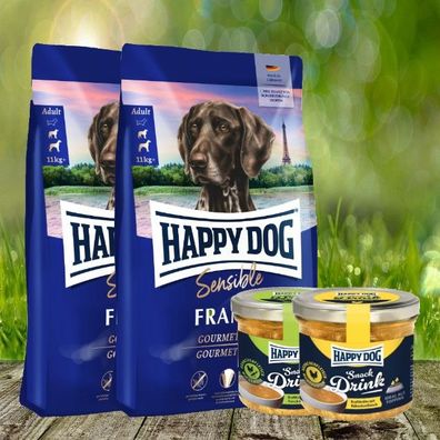 Happy Dog Sensible France 2 x 11 kg + 2 Happy Dog Snack Drinks