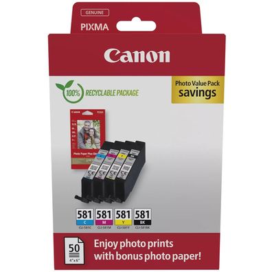 Canon CLI-581 Multipack BK/C/M/Y Original Tinten inkl. Fotopapier (2106C006) 4x 5,6ml