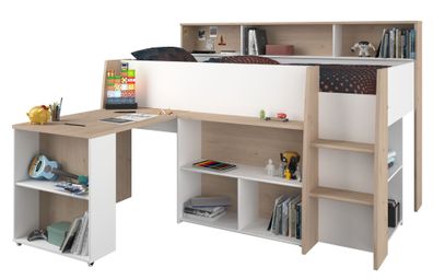 Hochbett Parisot Lucas 90x200 Holznachbildung Weiß/Japanische Eiche
