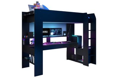 Gaming Hochbett Parisot Online 1 mit LED+USB 90x200 Holzdekor Schwarz