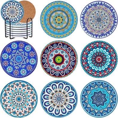 Mandala Keramik Untersetzer 10cm 8er Set Korkhalter Wohnzimmer Bar Küche
