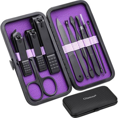 Professionelles Maniküre-Set 10-in-1 Edelstahl Werkzeuge Ledertasche Violett