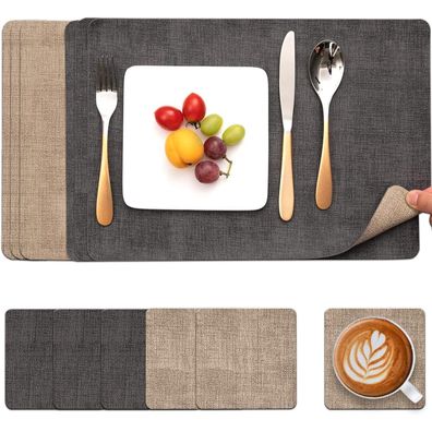 Myir JUN Tischsets Leder Platzdeckchen 6er Set abwaschbar Kunstleder Grau Beige