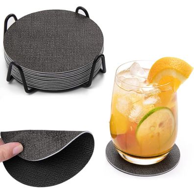 Untersetzer Glas 12er Set Rund Leder rutschfest abwaschbar Grau Schwarz