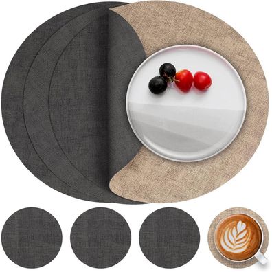 Myir JUN Tischsets Abwaschbar Leder Platzset Rund Ø36cm 4er Set Glasuntersetzer