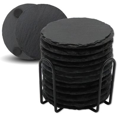 Schiefer Untersetzer 12 Stück Glasuntersetzer Rund Halter schwarz 10,2 cm