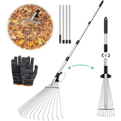 Laubrechen Metall Stiel 215cm verstellbar Fächerbesen Laubharke Handschuhe