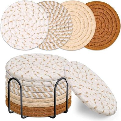 Tootesa Handgemachte Getränkeuntersetzer 8er Set mit Halter Baumwolle Matten