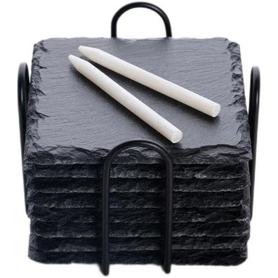 8er Set Schiefer Untersetzer mit Halter und Kreidestift - Getränke