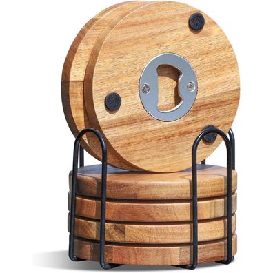 Holz Untersetzer 6er Set mit Flaschenöffner für Getränke Tassen Bar