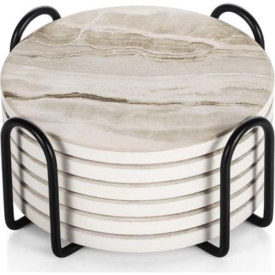 LIFVER Marmor Glas Untersetzer-Set 6er Absorbierender mit Korkboden Halter