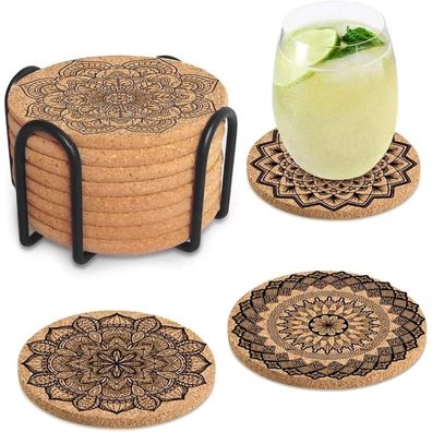 8er Set Korkuntersetzer Saugfähig Rund Holz für Glas & Tassen