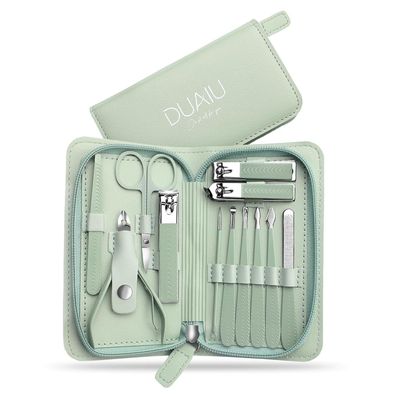 DUAIU 12-teiliges Maniküre Set mit Etui Grün in Lederoptik