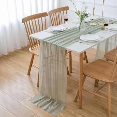 Chiffon Tischläufer Grün Salbeigrün Stoff Tüll Waschbar 70 x 300 cm