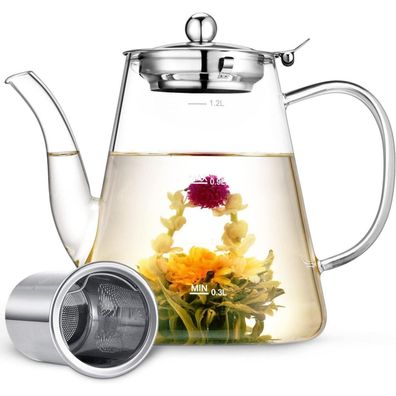 Teekanne Glas Zpose 1200ml mit Edelstahl Filter Borosilikatglas Deckel