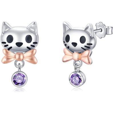 925 Sterling Silber Katzen Ohrstecker lila Zirkon Geschenke Damen