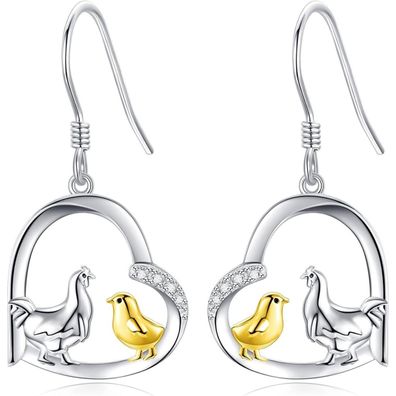 Huhn Ohrringe Sterling Silber Mutter Kind Herz Tropfen Geschenk für Frauen
