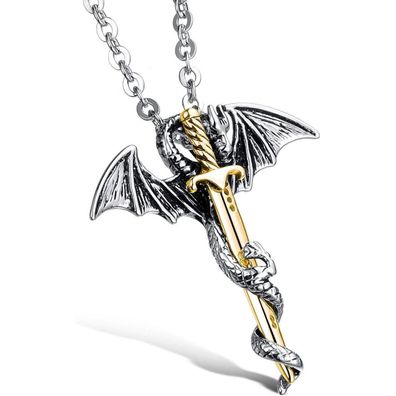 OSTAN Edelstahl Drache Schwert Anhänger Halskette Herren Schmuck Silber Gold
