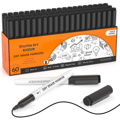 60x Shuttle Art Whiteboard Stifte Set Magnet-Marker Schwarz