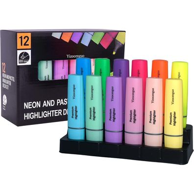 Yizocenguo Pastell Textmarker 12 Stück Meißelspitze Keilspitze Basis - 12-Colors