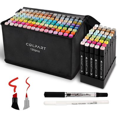 colpart Marker Set 120 + 2 Brush: Alkohol Filzstifte Manga Design Malerei