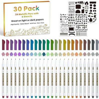 Lineon Metallic Marker Set 30-tlg. 24 bunte Metallstifte 6 Vorlagen DIY-Karten