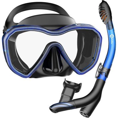 Dorlle Schnorchelset Panorama Tauchmaske Anti-Fog Premium Dry Schnorchel Blue