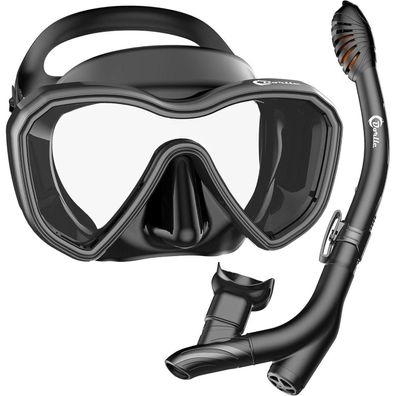Dorlle Schnorchelset Panorama Tauchmaske Premium Dry Schnorchel Schwarz