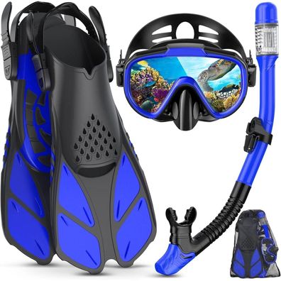 Lealinga Schnorchelset Erwachsene Anti-Leck Taucherflossen Fog Dry 3in1 Blau
