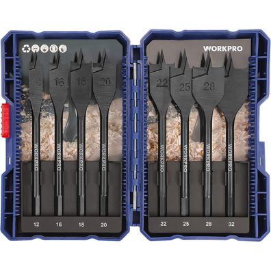 Workpro 8tlg. Flachfräsbohrer Set 12/16/18/20/22/25/28/32mm Holzbohrer 150mm