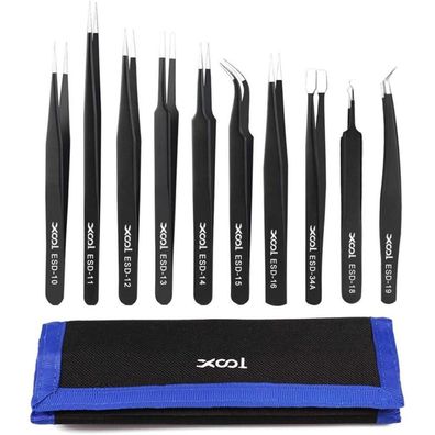 XOOL 10-teiliges Präzisions-Pinzetten-Set Antistatisch Edelstahl
