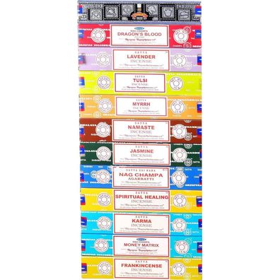 Satya Räucherstäbchen 12 Düfte je 15g Indien 180g Box