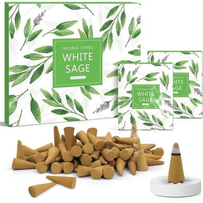 120x Scentorini Weißer Salbei Räucherkegel inkl. Halter & Geschenkbox