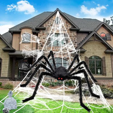 Halloween Deko Outdoor Spinne Groß Riesenspinne Set mit Riesen Spinnennetz