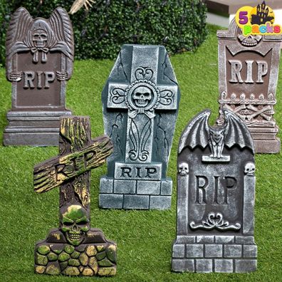 Halloween Grabsteine Set 5 Stück 43cm Schaumstoff mit 12 Metall Bodenstäben