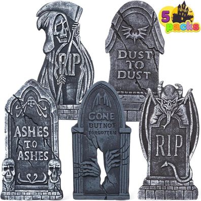 JOYIN Halloween Schaumstoff Grabsteine Set 5 Stück 43cm + 12 Metall Bodenspitze